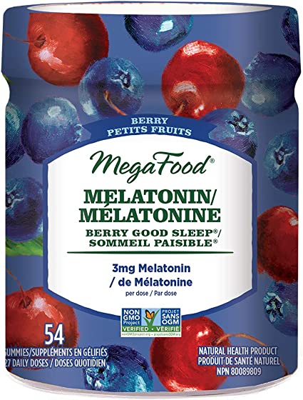 MegaFood Melatonin Gummies Sleep Aid Wild Blueberry and Tart Cherry Flavour 54 Sleep Gummies