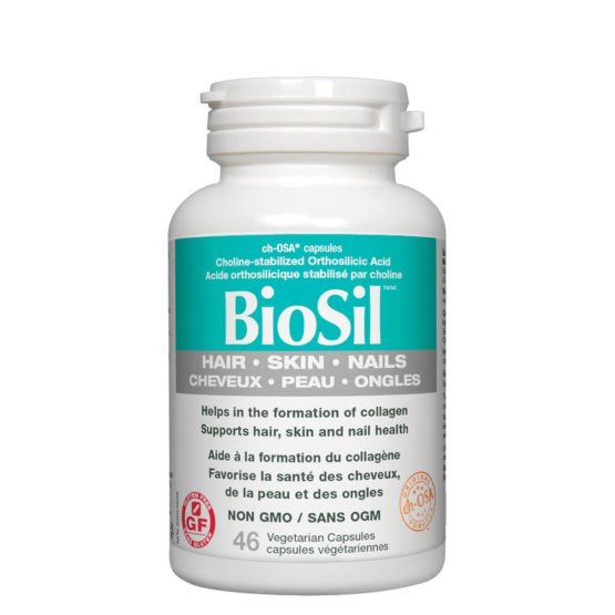 What can you expect from BioSil : Helps in the formation of collagen Supports hair, skin and nail health Collagen is the key structural protein for creating smooth skin, thick strong hair, and strong nails. During youth, you have a rich abundance of collagen. In addition, the collagen forms itself in a resilient “tight mesh” matrix. This “ideal” collagen condition prevents wrinkles from forming, gives skin elasticity, and helps create thick and strong hair. Health benefit Hair, Skin & Nails, Bone & Joint Health Type Supplements Supplement ingredient Protein, Collagen Form Capsule