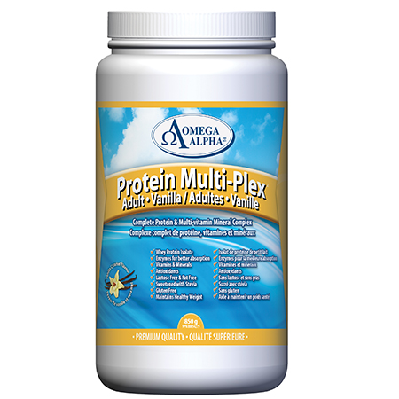 Protein Multi-Plex™ Adult (Vanilla) Complete Protein & Multi-vitamin/Mineral Complex Vanilla: 850 g/bottle – UPC 826913127203 NPN 80054279 RECOMMENDED USE: Source of protein, vitamins and minerals for the maintenance of good health. Helps digest proteins. MEDICINAL INGREDIENTS PER 1 SCOOP (25 g) : Milk Protein Isolate.............................................10 g Whey Protein Isolate..........................................10 g Protease (Enzyme)........................................ 3750 FCC HUT Acetyl-L-Carnitine............................................100 mg R-alpha-Lipoic acid........................................... 50 mg Vit. B1 (Thiamine mononitrate)....................... 2.5 mg Vit. B2 (Riboflavin)...........................................2.5 mg Vit. B3 (Niacinamide)........................................10 mg Vit. B5 (D-Pantothenic acid)........................... 902 mg Vit. B6 (Pyridoxal 5-phosphate)...........................5 mg Vit. B9 (L-Methylfolate)...................................100 mcg Vit. B12 (Cyanocobalamin)..............................500 mcg Biotin..............................................................25 mcg Choline (Choline bitartrate).............................. 10 mg Inositol (Myo-inositol)...................................... 20 mg beta-Carotene............................................. 1563 mcg (2605 IU) Vit. C (L-Ascorbic acid)................................... 100 mg Vit. D3..............................................................5 mcg (200 IU) Vit. E...............................................................46 mg (69 IU) Boron (Sodium borate)*................................ 347 mcg Calcium lactate*.......................................... 100 mg Chromium (Chromium polynicotinate)*............. 89 mcg Copper (Cupric gluconate)*........................... 200 mcg Magnesium citrate*......................................... 20 mg Manganese sulphate*.................................... 900 mcg Molybdenum (Sodium molybdate)*.................. 10 mcg Selenium (L-Selenomethionine)*..................... 10 mcg Silicon (Sodium metasilicate)*......................... 2 mg Vanadium (Vanadyl sulphate)*..................... 10 mcg Zinc (Zinc citrate)*........................................... 2 mg *Elemental quantities ADDITIONAL INGREDIENTS: Sunflower lecithin, Xanthan gum, Stevia, Natural vanilla flavour NUTRITION FACTS PER SERVING CHOCOLATE (25 g): Protein......................................................................................................... 18 g Fat................................................................................................................ 0 g Carbohydrates............................................................................................... 1 g Energy.........................................................................................................76 calories/318 kJ AMINO ACIDS PER SERVING (25 g): L-Alanine........................................ 3.256 g L-Arginine....................................... 2.204 g L-Aspartic Acid................................ 7.128 g L-Cysteine...................................... 1.212 g L-Glutamic Acid............................. 15.028 g L-Glycine........................................ 1.356 g L-Histidine...................................... 1.668 g *L-Isoleucine (BCAA)......................... 4.584 g *L-Leucine (BCAA)............................ 7.828 g *L-Lysine......................................... 6.960 g *L-Methionine.................................. 1.820 g *L-Phenylalanine.............................. 3.032 g L-Proline........................................ 6.052 g L-Serine......................................... 3.996 g *L-Threonine.................................... 4.380 g *L-Tryptophan.................................. 1.332 g L-Tyrosine...................................... 3.108 g *L-Valine (BCAA).............................. 4.536 g *Essential amino acids RECOMMENDED DOSE: Adults: Take 1 scoop (25 g) per day. Mix Protein Multi-Plex™ well in 1 cup (250 mL) with liquid (water, juice, milk, etc.) or smoothies. Take a few hours before or after taking medications. DURATION OF USE: For prolonged use, consult a health care practitioner.