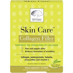 Skin Care - Collagen Details Helps to maintain healthy skin, and connective tissue formation. Skin Care is based on marine collagen, like the natural collagen present in the elastic connective tissues of the skin. It provides dietary protective antioxidants that are designed to support and maintain optimal skin health. New Nordic Skin Care - Collagen Ingredient Pomegranate The antioxidants and ellagic acid found in the pomegranate are proven to protect against cell damage from free radicals that we are exposed to from UV radiation. They reduce oxidative stress in skin cells and minimize cell damage, which are otherwise factors that can contribute to signs of skin aging such as wrinkles and fine lines. The protective effects of the pomegranate’s antioxidants help your skin to stay healthy and are aimed to combat signs of premature skin aging. Collagen Marine collagen provides your body with important building blocks to support the body’s own collagen formation. Together with zinc, it is designed to aid connective tissue formation in your skin. Tomato Tomatoes contain lycopene, an antioxidant that helps fight cellular damage from free radicals, which we are exposed to everyday from sun exposure and environmental pollutants. By helping reduce cell and protein damage they also help reduce damage and break down of the collagen matrix proteins in your skin. Algae Algaes are a natural source of astaxanthin, one of the most powerful antioxidants. They work by inhibiting the formation of enzymes (collagenases), which otherwise degrade collagen. Therefore, they help prevent further breakdown of collagen and help maintain the health of your skin. This product is free from sugar, salt, gluten, yeast, soya and dairy products and is formulated without the use of preservatives, flavours or colours of any kind. Manufactured in the EU, under pharmaceutical control of purity and content. Not tested on animals.