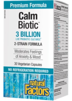 Natural Factors CalmBiotic® is an innovative formula featuring Lactobacillus helveticus R0052 and Bifidobacterium longum R0175, two proprietary strains shown to reduce symptoms of stress and enhance mood. Both strains are resistant to gastric acid, making CalmBiotic a convenient, shelf-stable, one-a-day capsule that helps maintain a healthy gut microbiome – no refrigeration required! Helps moderate general feelings of anxiety Promotes a healthy mood balance Relieves stress-related gastrointestinal complications like nausea and abdominal pain Reduces gastrointestinal discomfort in healthy people experiencing mild-to-moderate stress Contributes to a healthy gut microbiome